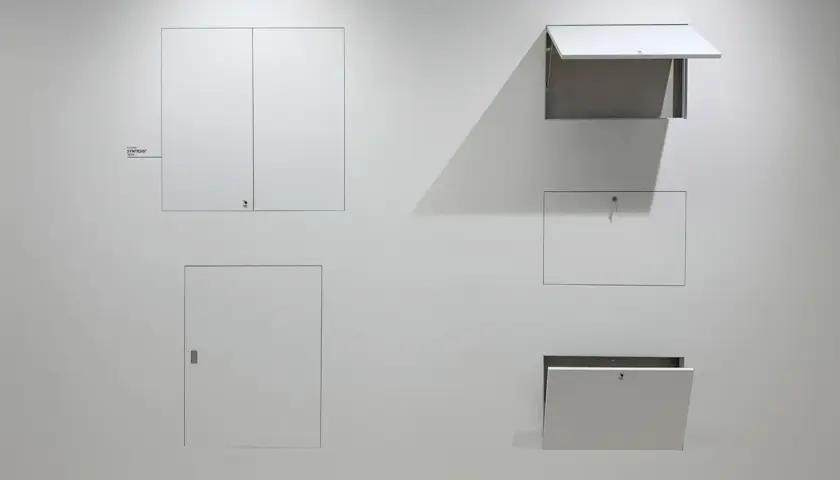 Botole cartongesso invisibili filo muro, integrate perfettamente nella parete bianca, alcune aperte, altre chiuse, nascondono accessi segreti.