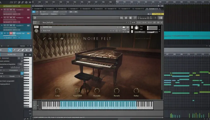 Native Instruments NOIRE Felt: ein virtuelles Klavier-Instrument mit einem Flügel und Reglern für Klang, Dynamik und Effekte.