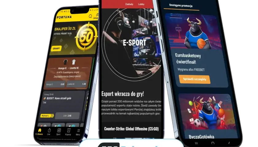 Trzy telefony z aplikacjami bukmacherskimi pokazują, co obstawiać u bukmachera: tenis, e-sport i koszykówkę.