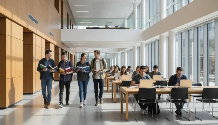 Studenci na jednolitych studiach magisterskich w nowoczesnej bibliotece, jedni idą z książkami, inni uczą się przy laptopach.