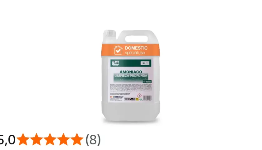 Envase de 5L de amoniaco para limpieza profunda. Este producto, que es soluble en agua, es ideal para múltiples superficies.