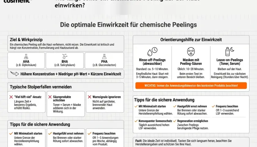 Chemische Peelings: Einwirkzeit richtet sich nach Konzentration, Formulierung & Haut. AHA, BHA, PHA sind gängig. Wichtig: Herstellerangaben beachten!