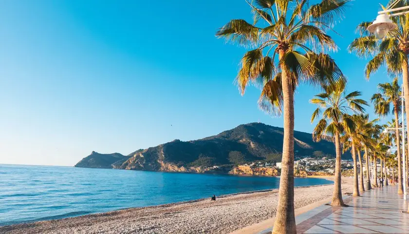 Piękna plaża w Alicante, idealna na październik. Palmy, morze i góry tworzą malowniczy krajobraz.