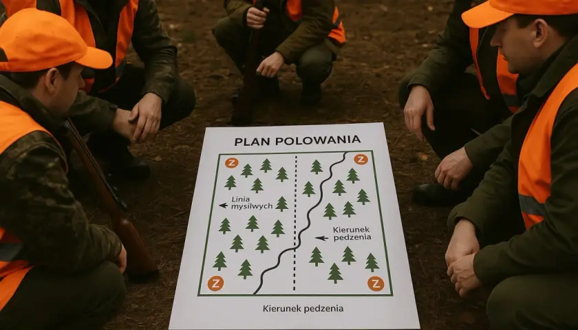 Myśliwi omawiają plan polowania, gdzie mogą polować. Mapa pokazuje teren z drzewami i kierunek pędzenia.