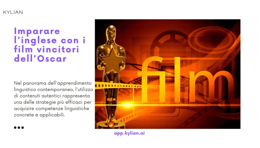 Statua dorata dell'Oscar con pellicola cinematografica e la parola "film". Impara l'inglese con film in inglese con sottotitoli in italiano.