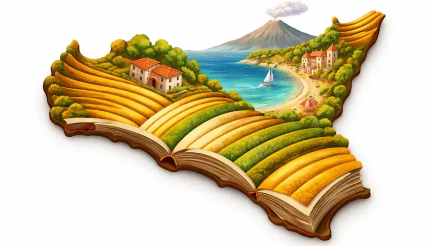 Un libro aperto che si trasforma in un paesaggio siciliano con campi dorati, case bianche, mare azzurro, una barca a vela e un vulcano fumante. Storie ambientate in Sicilia prendono vita.