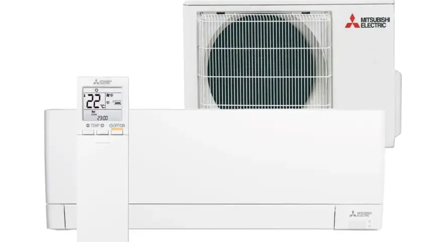 Klimatyzacja 2.5 kW Mitsubishi Electric, idealna na ok. 25-35 m². Biała jednostka wewnętrzna i zewnętrzna z pilotem.