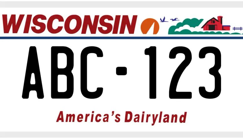 Tablica rejestracyjna Wisconsin z numerem ABC-123. W tle słońce, ptaki, chmury i czerwony dom. Wskaźnik w32.