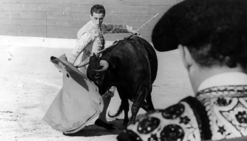 El viti torero, con su traje de luces, se enfrenta a un toro bravo en la arena.