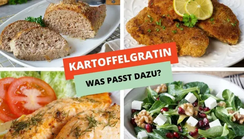 Vier Bilder zeigen verschiedene Gerichte: Hackbraten, paniertes Schnitzel, Lachsfilet und Salat. Perfekt für Kartoffeln Rezepte!