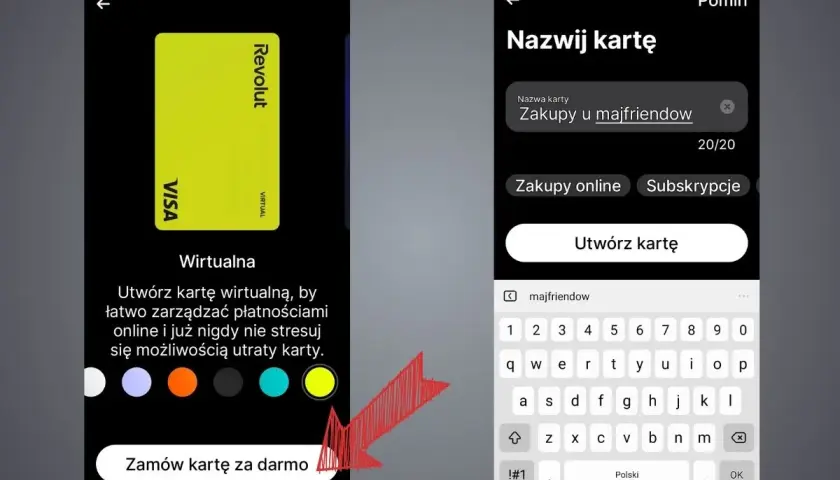 Tworzenie wirtualnej karty Revolut do zakupów online. Nazwa karty "Zakupy u majfriendow" ułatwi księgowanie.