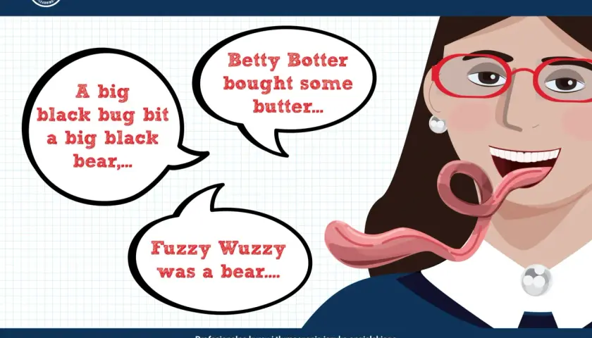 Kobieta z wyciągniętym językiem ćwiczy łamańce językowe po angielsku: "A big black bug bit a big black bear", "Betty Botter bought some butter", "Fuzzy Wuzzy was a bear".