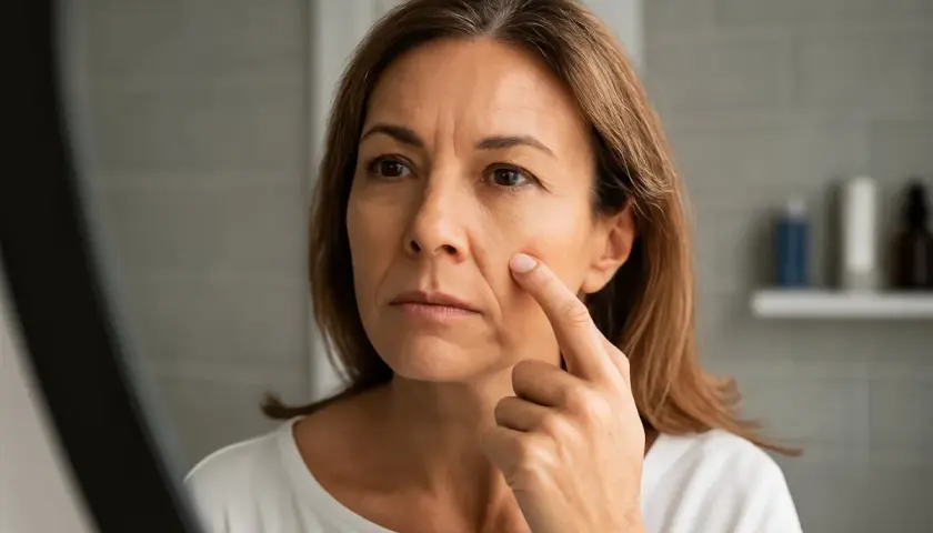Mujer se toca la línea nasogeniana en el espejo, notando los signos del tiempo en su rostro.