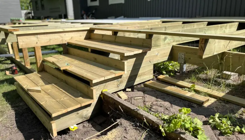 Nybyggd veranda i trä med trappsteg, redo att färdigställas.