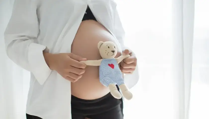 Pancia di donna incinta con orsacchiotto. Il conteggio dei mesi tra due date è un'attesa dolce.