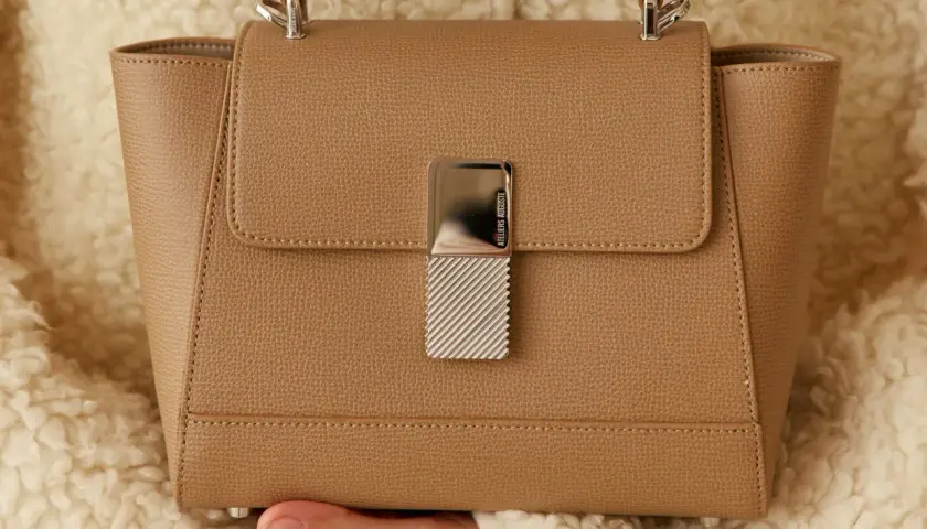 Sac à main élégant en cuir grainé camel, orné d'un fermoir métallique texturé.