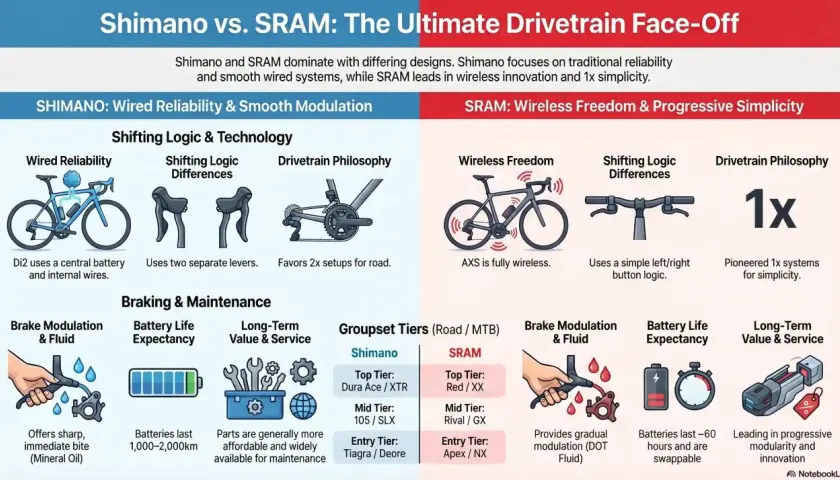 Shimano vs. SRAM: Wired reliability vs. wireless freedom. Infographic compares drivetrain features, logic, and tiers.