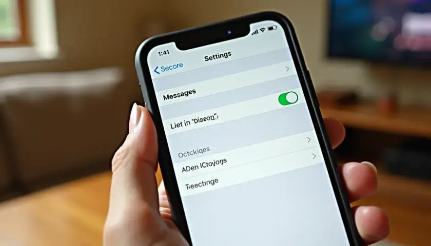 Na ekranie iPhone'a widać ustawienia, gdzie zielony przełącznik przy "Messages" oznacza, że iMessage jest włączony.