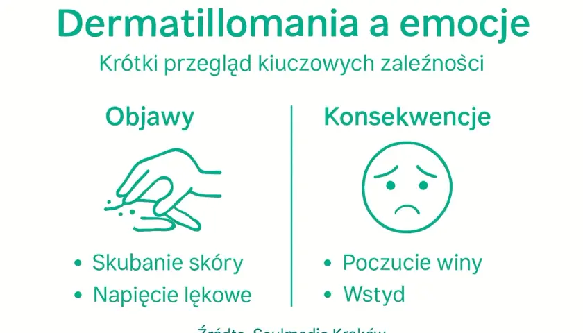 Dermatillomania: objawy to skubanie skóry i napięcie lękowe, a konsekwencje to poczucie winy i wstyd.