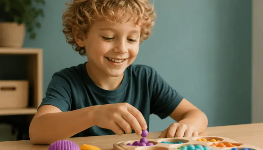 Lächelnder Junge mit Locken spielt konzentriert mit bunten Kugeln. Ein spielerischer Ansatz für den ADHS Unterricht, der Konzentration fördert.