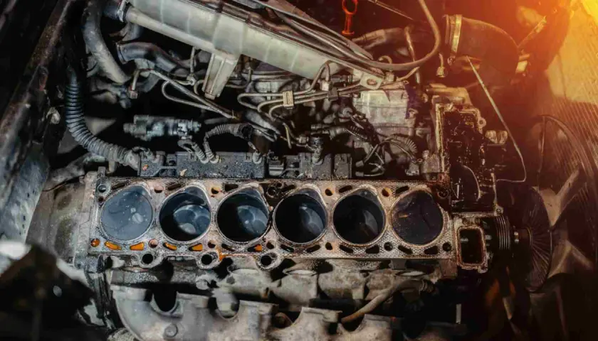 Motor de coche desarmado, mostrando los cilindros y la junta de culata. Una imagen útil para saber si un coche tiene culata dañada.