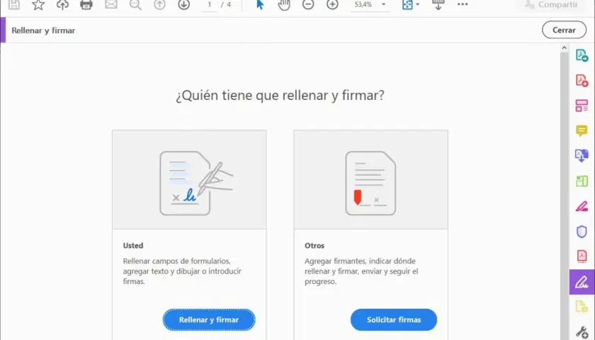 Interfaz de Adobe Acrobat Reader DC para rellenar y firmar documentos. Opción de "adobe firma digital gratis" para usted o para solicitar a otros.