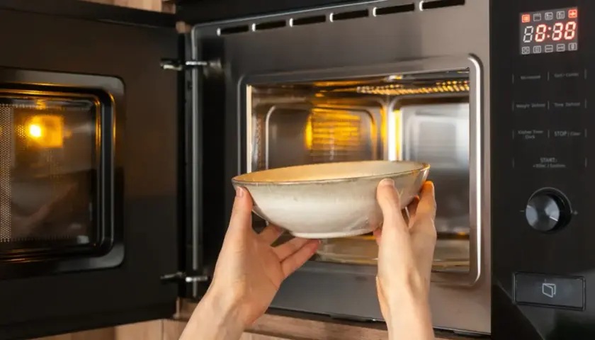 Une personne place une assiette dans un micro-ondes. La question "peut on mettre une assiette au micro-onde" est pertinente ici.