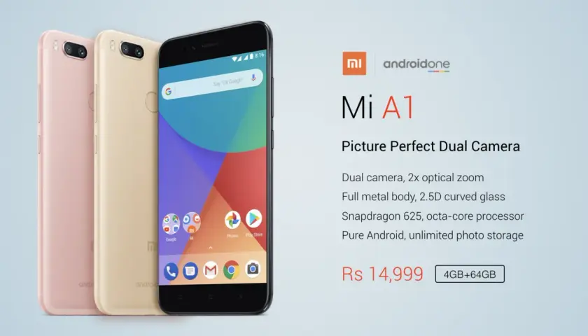 Trzy telefony Xiaomi Mi A1 w kolorach różowym, złotym i czarnym. Czarny model prezentuje ekran z ikonami.
