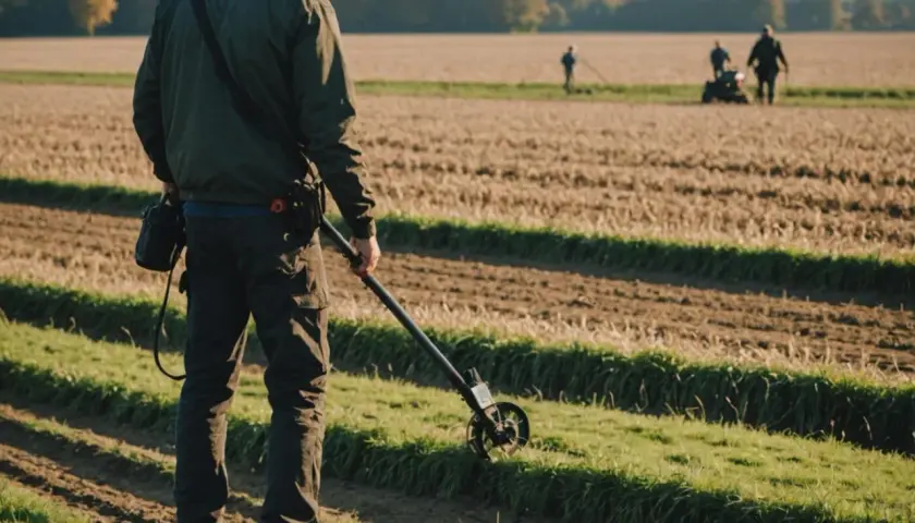 Mężczyzna z wykrywaczem metali przemierza pole. Czy można chodzić z wykrywaczem metali po swoim polu? Tak, jeśli masz pozwolenie.