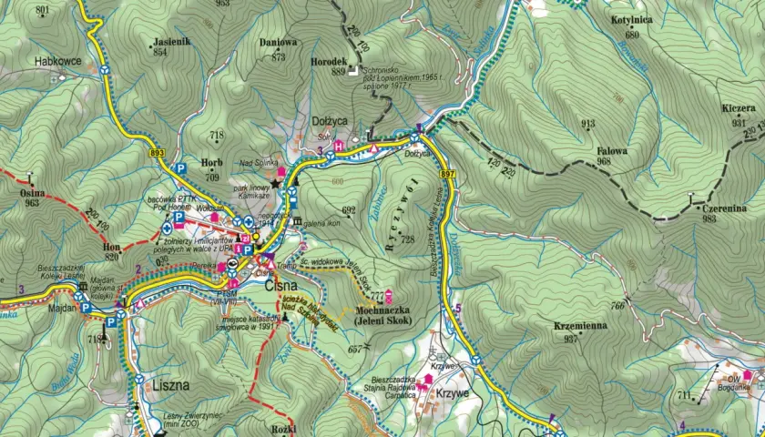 Mapa turystyczna z zaznaczonymi szlakami, miejscowościami (Cisna, Majdan, Horb) i atrakcjami. Gdzie są Bieszczady? Właśnie tutaj, na tej malowniczej mapie!