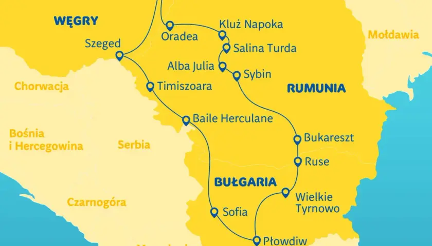 Mapa Europy Środkowej z zaznaczonymi trasami przez Rumunię i Serbię do Bułgarii.
