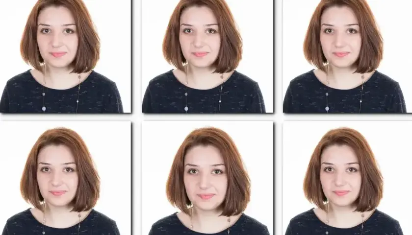 Sześć identycznych zdjęć młodej kobiety z delikatnym uśmiechem. Czy na zdjęciu do dowodu można się uśmiechać? Tutaj tak!