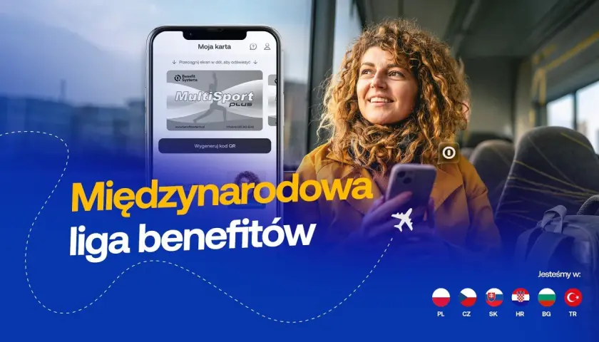 Kobieta z telefonem w ręku, na ekranie karta MultiSport. Tło z flagami krajów.