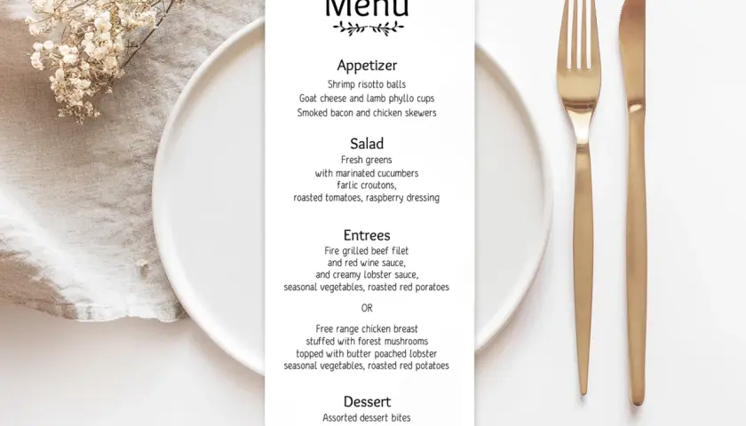 Un menu élégant présente des plats comme des risottos aux crevettes et un filet de bœuf grillé. Parfait pour rédiger un menu de mariage.