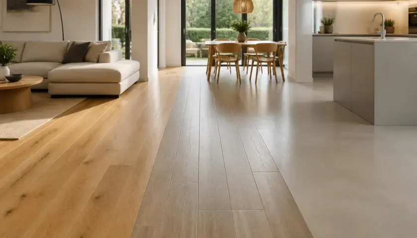Un elegante soggiorno con divano e tavolo da pranzo si apre su una cucina moderna. L'effetto pavimento crea una transizione fluida tra le aree, con doghe in legno chiaro e un rivestimento in resina chiara.