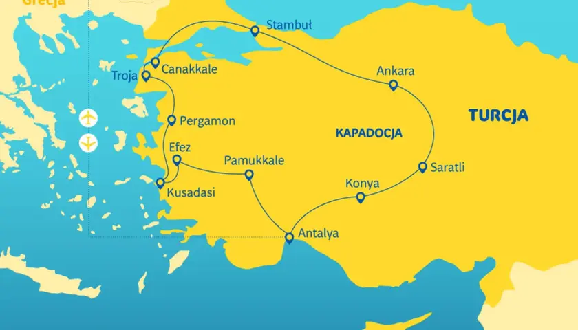 Mapa turystyczna Turcji z zaznaczonymi miastami: Stambuł, Ankara, Kapadocja, Saratli, Konya, Antalya, Pamukkale, Efez, Pergamon, Canakkale, Troja.