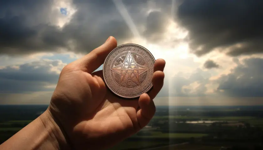 Dłoń trzyma monetę z symbolem gwiazdy, jak w talii **Monet Tarot**, na tle burzowego nieba.