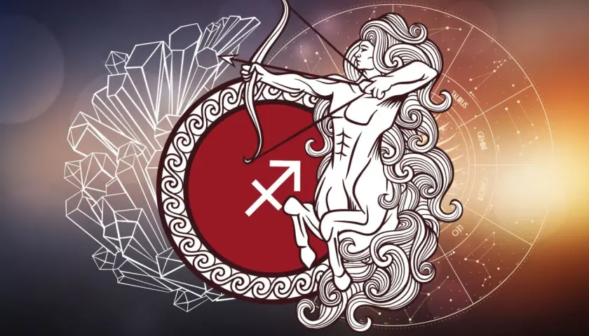 Strzelec znak zodiaku charakterystyka: centaur z łukiem i strzałą, symbol strzelca, kryształy i koło zodiaku.