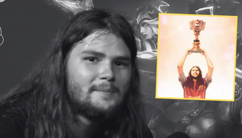Maciej "Shushei" Ratuszniak, gracz League of Legends, z pucharem mistrzowskim.