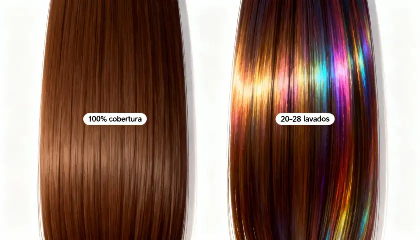 Cabello castaño con tinte de cobertura total (izquierda) vs. cabello con baño de color y reflejos iridiscentes que duran 20-28 lavados (derecha).