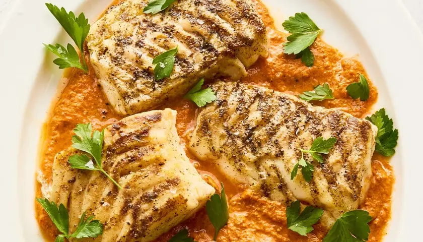 Filetes de bacalao a la parrilla con salsa de pimientos rojos y perejil fresco. Un plato principal perfecto para tus recetas de bacalao.