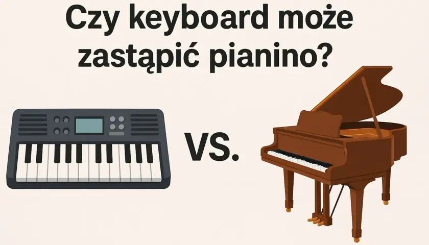 Keyboard i pianino stoją obok siebie, z napisem "VS." pośrodku.