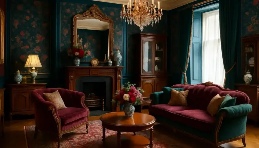 Elegancki salon w stylu wiktoriańskim: aksamitne fotele, kominek, kryształowy żyrandol i bogato zdobiona tapeta tworzą atmosferę luksusu.