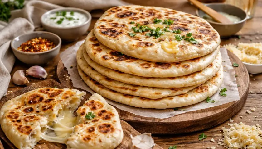 Délicieux naan nature à la poêle, un fromage fondant s'échappe d'un pain ouvert. Accompagné de sauce, d'épices et d'ail.