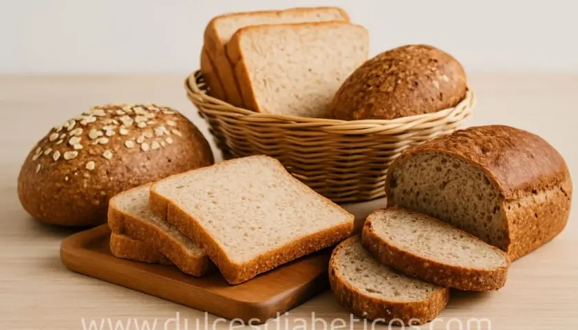 Variedad de panes integrales, incluyendo pan de salvado, hogazas y rebanadas, presentados en una tabla de madera y una cesta.