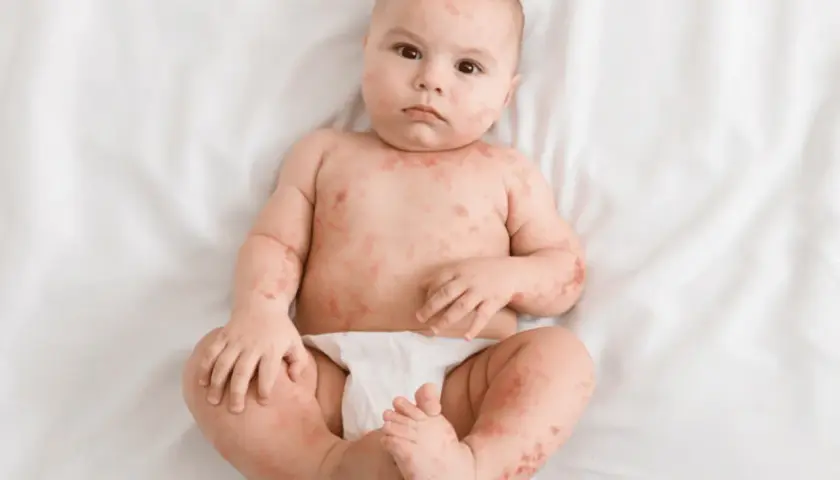 Bambino con eruzione cutanea rossa su tutto il corpo, possibile sudamina bambini.