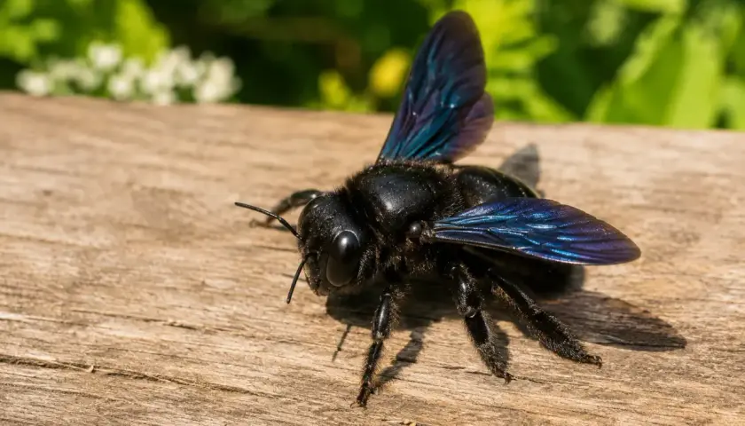 Eine große, schwarze Holzwespe mit schillernden blauen Flügeln sitzt auf einem Holzbrett.