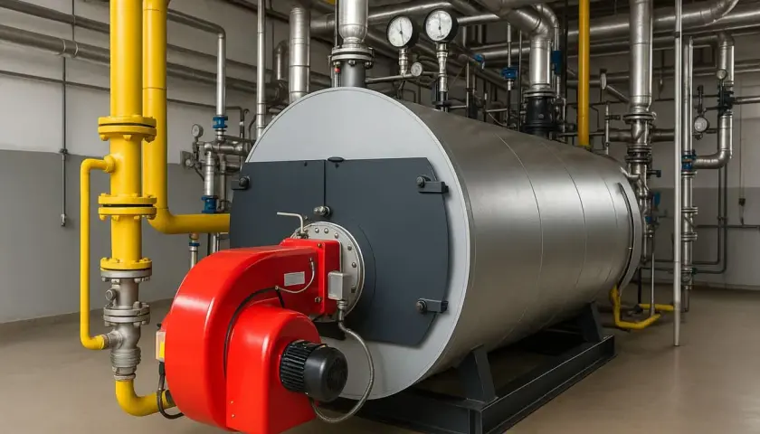 Una caldera de vapor industrial con quemador rojo y tuberías amarillas y plateadas.