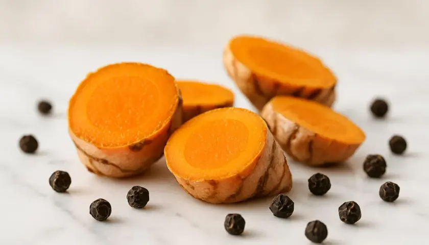 Fette di curcuma fresca e grani di pepe nero, ingredienti perfetti per un infuso con miele e zenzero.