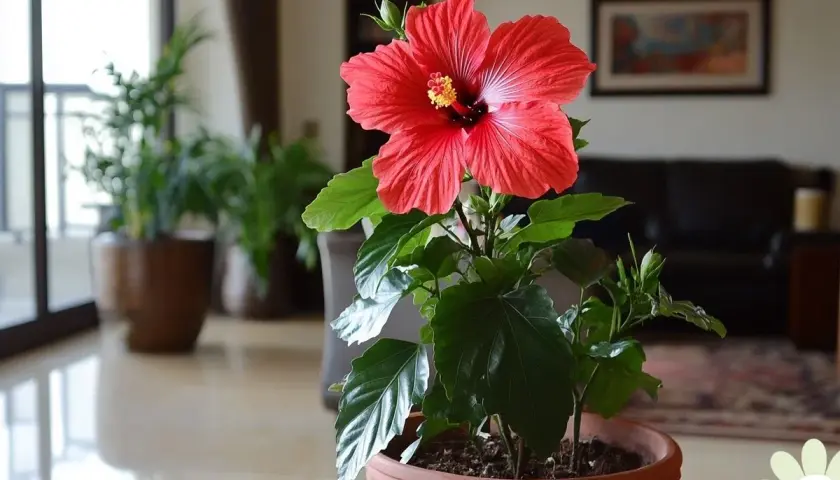 Un magnifique hibiscus rouge en pot, prêt pour son arrosage. D'autres plantes vertes et un salon flou en arrière-plan.
